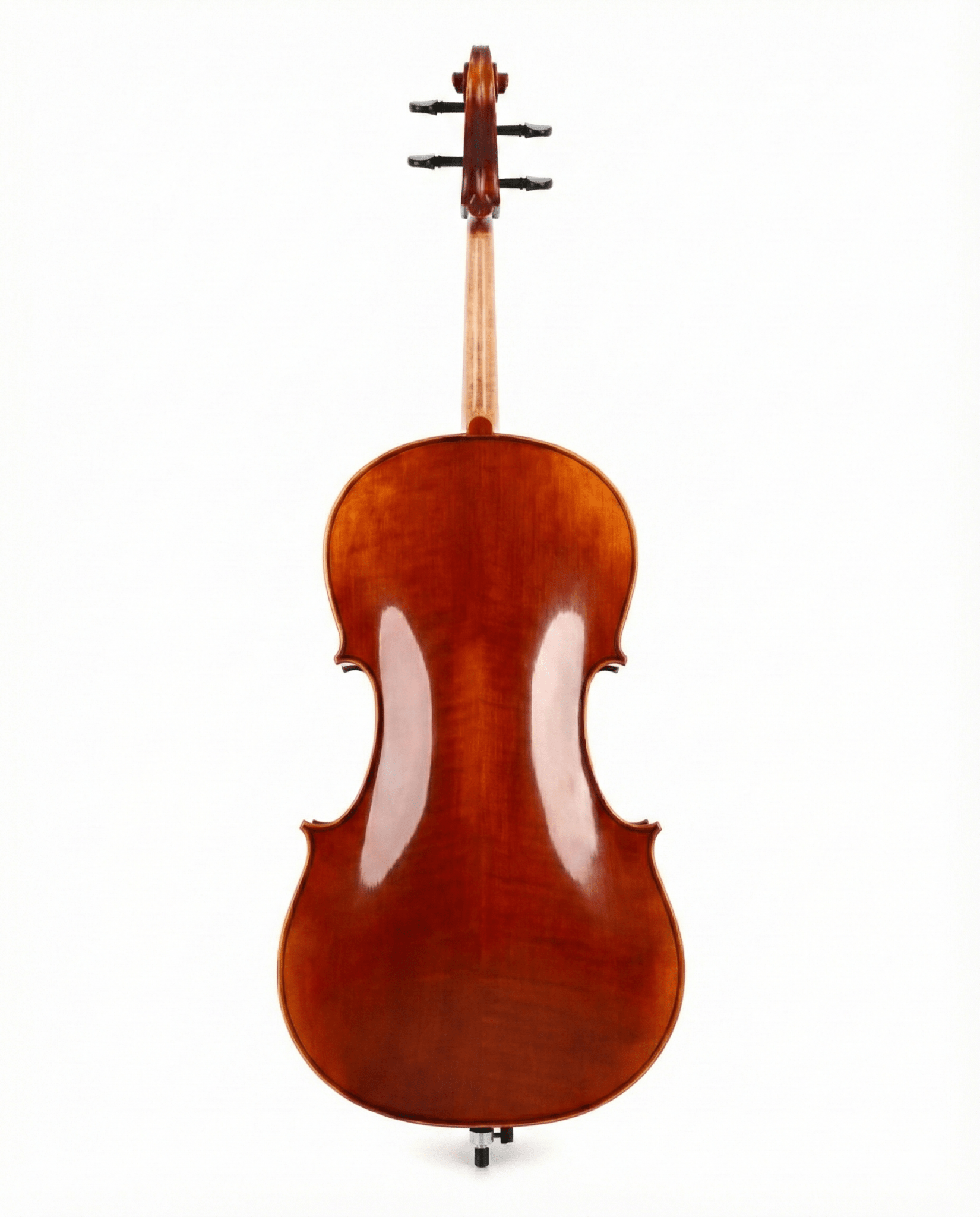 The Yamaha AVC7-44SG Full Size Student Cello is shown from the back, highlighting its glossy reddish-brown varnish, elegantly curved sides, and smooth finish against a plain white background.
