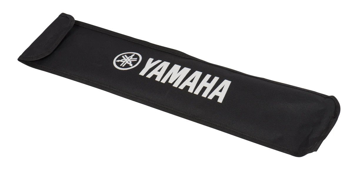 A black Yamaha-branded soft case with a white logo and flap closure, designed for carrying or storing the Yamaha Folding Music Stand.