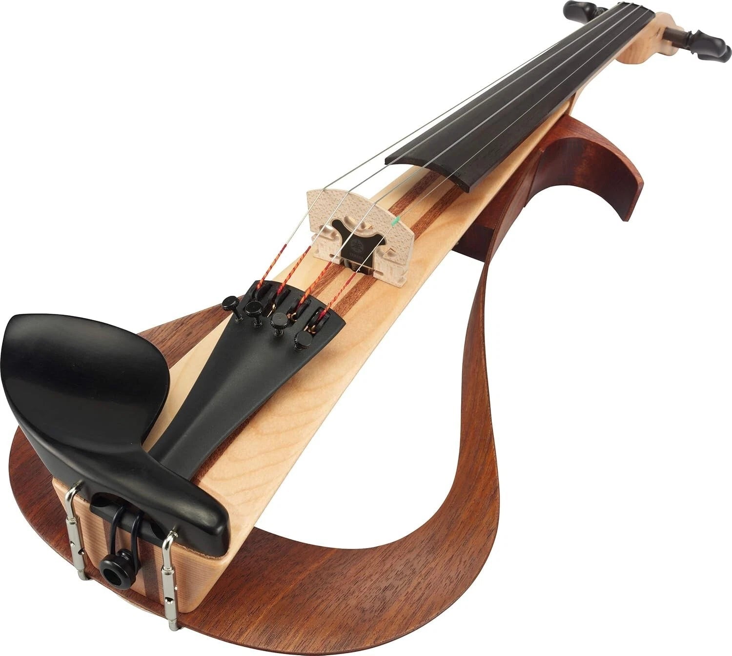 The Yamaha YEV104NT Natural Electric Violin – 4 String features a minimalist open wooden body, passive bridge pickup, black chinrest and tailpiece, and a stylish mix of light and dark wood tones.