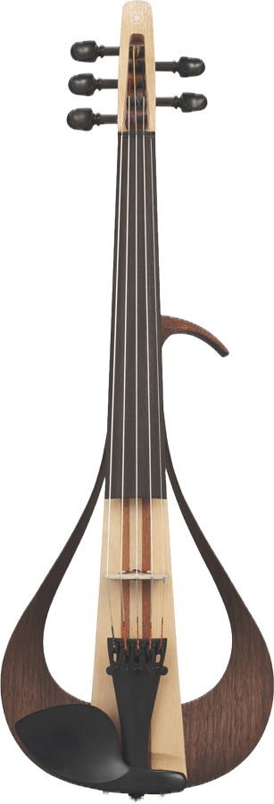 Yamaha YEV105SNT 5 String Electric Violin with an open-frame light and dark wood body.