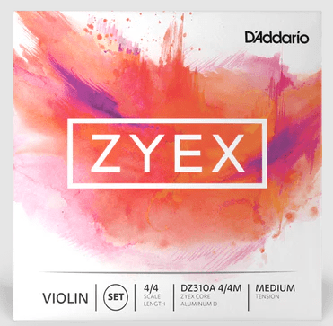 A box of Zyex Violin String Set, a premium synthetic core violin string set, featuring bold white ZYEX text on a vibrant pink and orange watercolor background. The packaging specifies 4/4 size and medium tension.