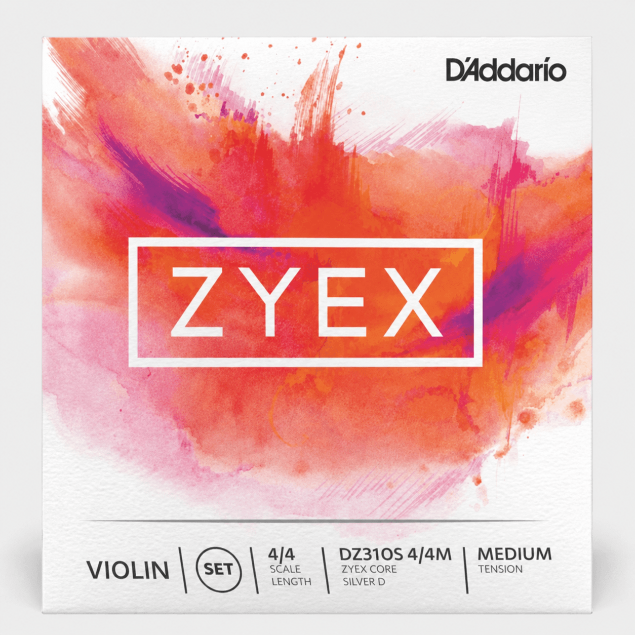 A box of Zyex Violin String Set featuring a vibrant red and orange watercolor background, highlighting details such as 4/4 size, model DZ310S, Zyex synthetic core violin strings with a silver D string, and medium tension.
