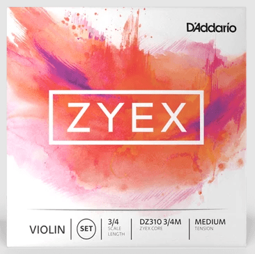 Violin string set packaging labeled Zyex Violin String Set with a pink, orange, and purple watercolor splash background. Includes text: D’Addario, 3/4 scale length, DZ310 3/4M, Zyex core, medium tension—featuring premium synthetic core violin strings for a rich and balanced sound.