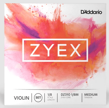 Violin string package labeled Zyex Violin String Set features a vibrant pink and orange watercolor background. The text displays D’Addario, VIOLIN SET, 1/8 Scale Length, DZ310 1/8M, ZYEX Core, and MEDIUM Tension. This synthetic core violin string set is renowned for delivering rich tone and exceptional stability.