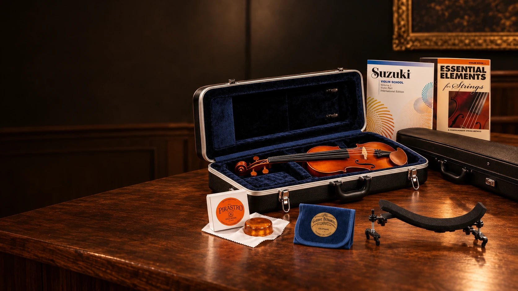 Violin in a navy-lined case with music books, rosin and string accessories on a warm wooden table.